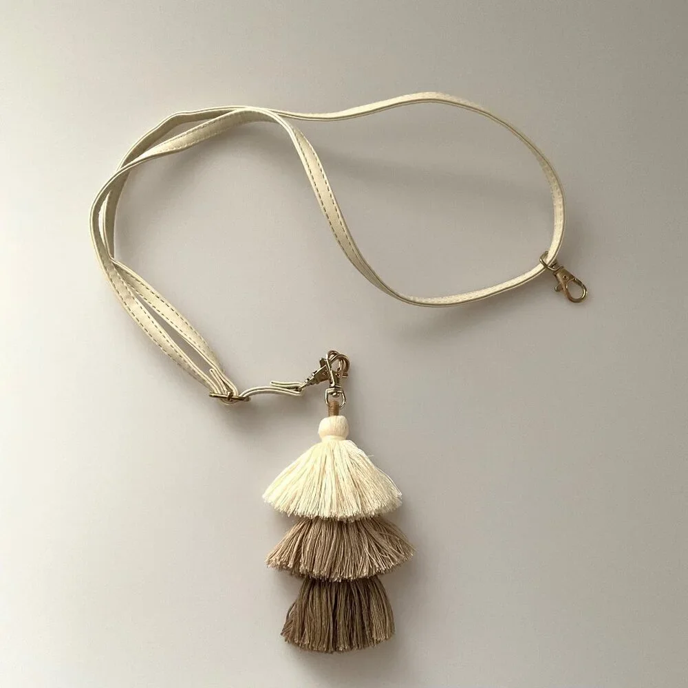 New Boho Tri-Layered Tassel Bag Charm & Long Strap Ombré Neutral Necklace